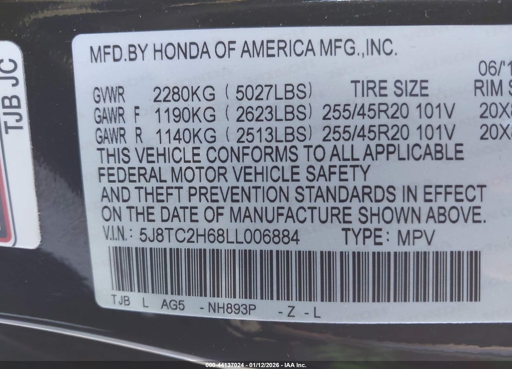 2020 ACURA RDX A-SPEC PACKAGE VIN: 5J8TC2H68LL006884