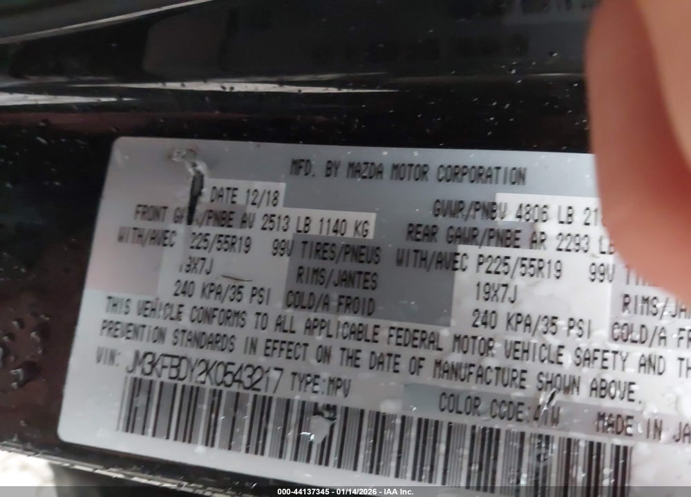 2019 MAZDA CX-5 GRAND TOURING RESERVE VIN: JM3KFBDY2K0543217