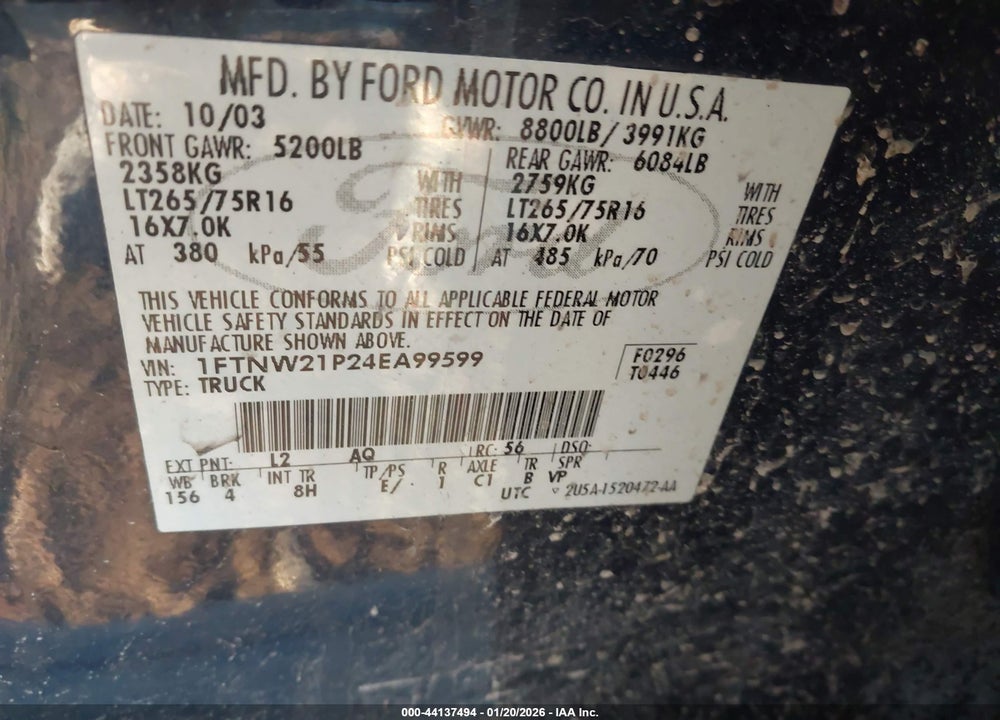 2004 FORD F-250 LARIAT/XL/XLT VIN: 1FTNW21P24EA99599