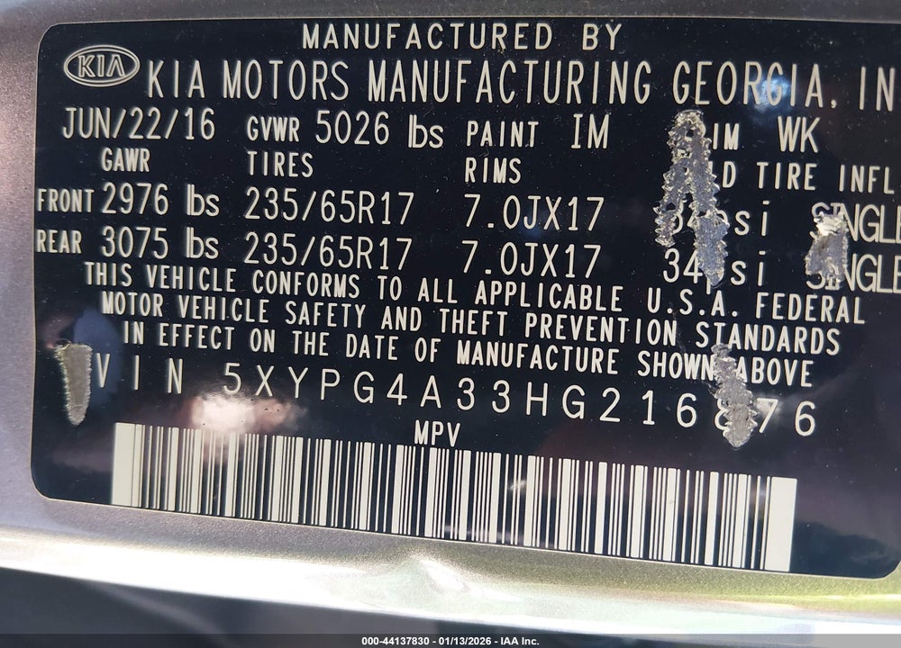 2017 KIA SORENTO 2.4L LX VIN: 5XYPG4A33HG216876