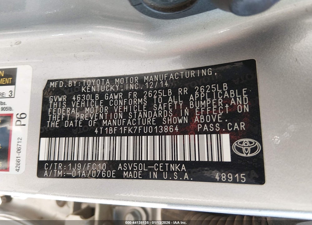 2015 TOYOTA CAMRY LE VIN: 4T1BF1FK7FU013864