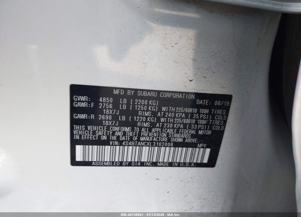 2020 SUBARU OUTBACK LIMITED VIN: 4S4BTANCXL3102008