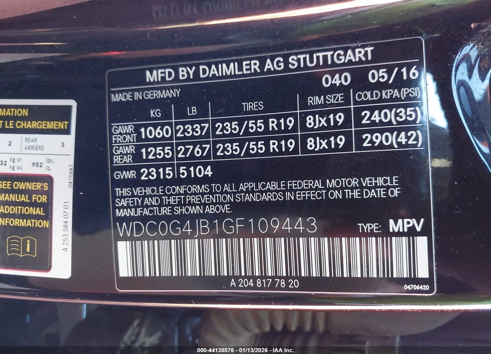 2016 MERCEDES-BENZ GLC 300 VIN: WDC0G4JB1GF109443