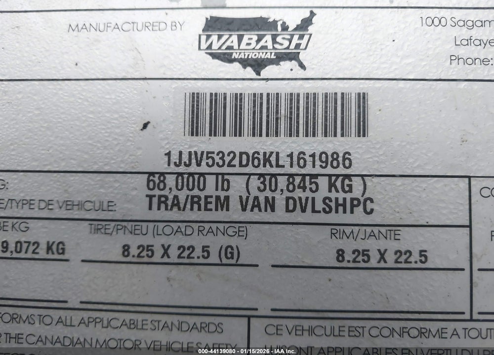2019 WABASH NATIONAL CORP UNKNOWN VIN: 1JJV532D6KL161986