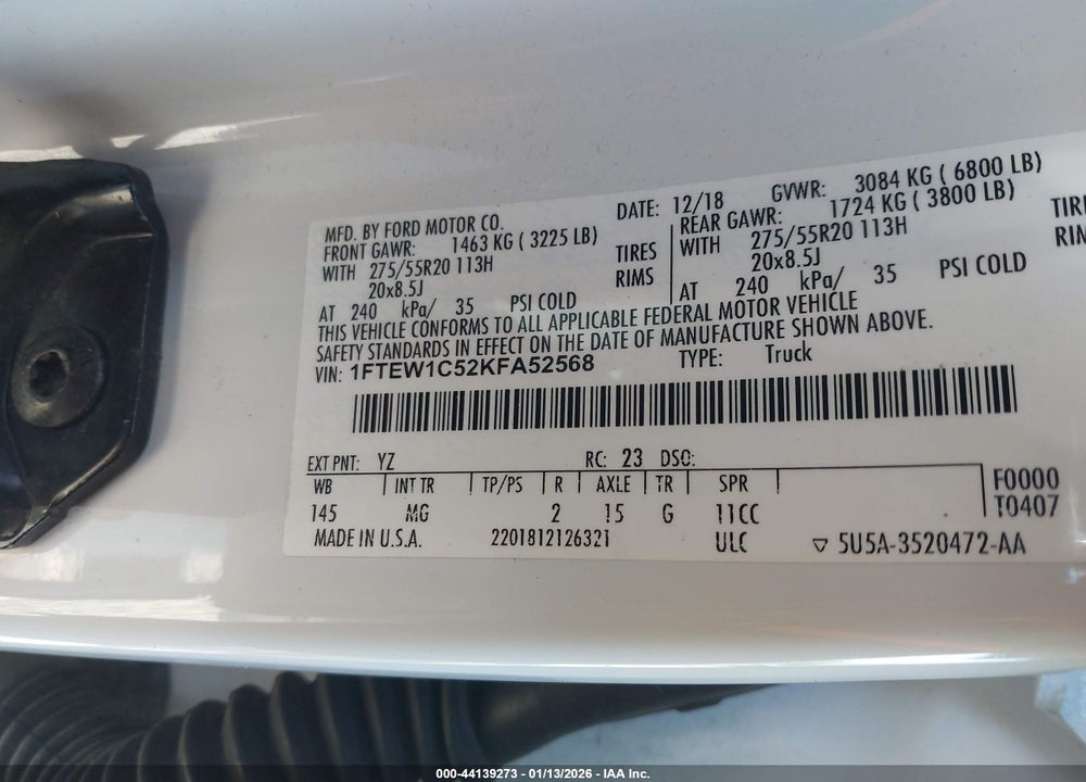 2019 FORD F-150 XLT VIN: 1FTEW1C52KFA52568