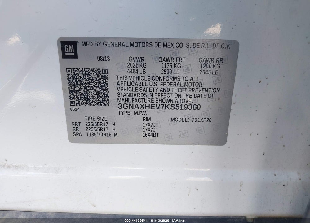2019 CHEVROLET EQUINOX LS VIN: 3GNAXHEV7KS519360