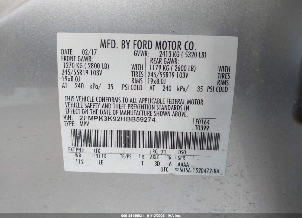 2017 FORD EDGE TITANIUM VIN: 2FMPK3K92HBB59274