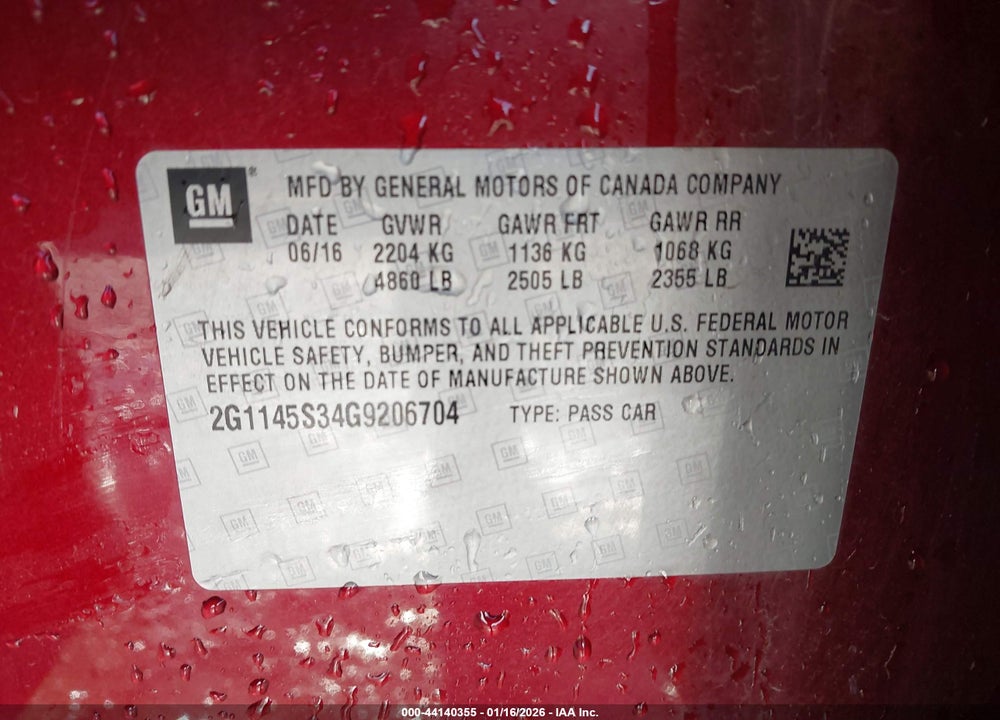 2016 CHEVROLET IMPALA 2LZ VIN: 2G1145S34G9206704