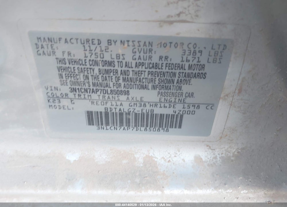 2013 NISSAN VERSA 1.6 SL VIN: 3N1CN7AP7DL850898
