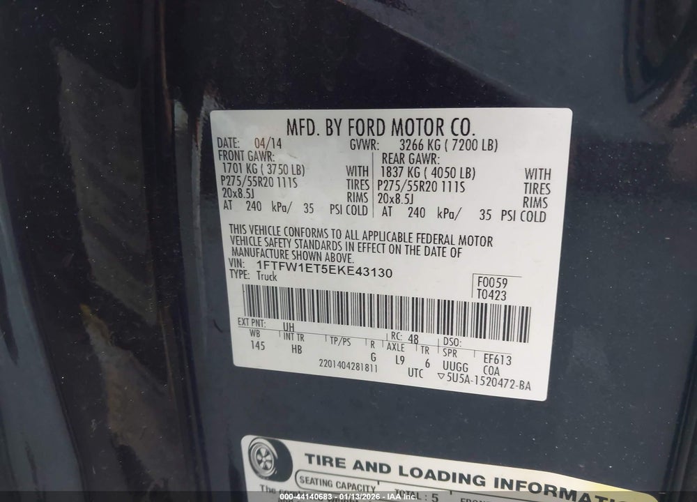 2014 FORD F-150 LARIAT VIN: 1FTFW1ET5EKE43130