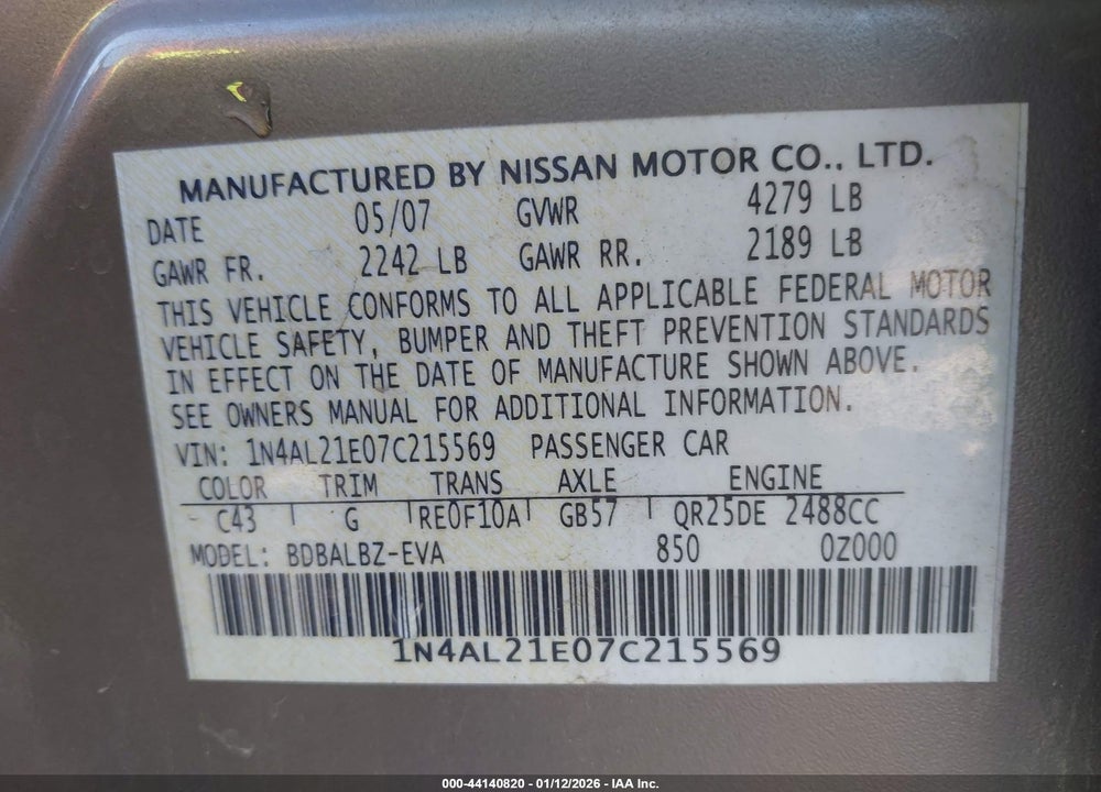 2007 NISSAN ALTIMA 2.5 S VIN: 1N4AL21E07C215569