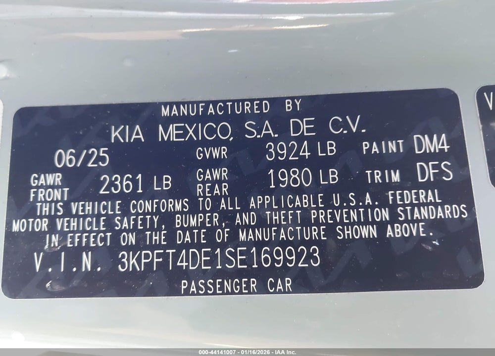 2025 KIA K4 LXS VIN: 3KPFT4DE1SE169923