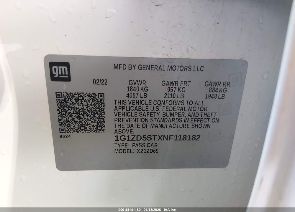 2022 CHEVROLET MALIBU FWD LT VIN: 1G1ZD5STXNF118182