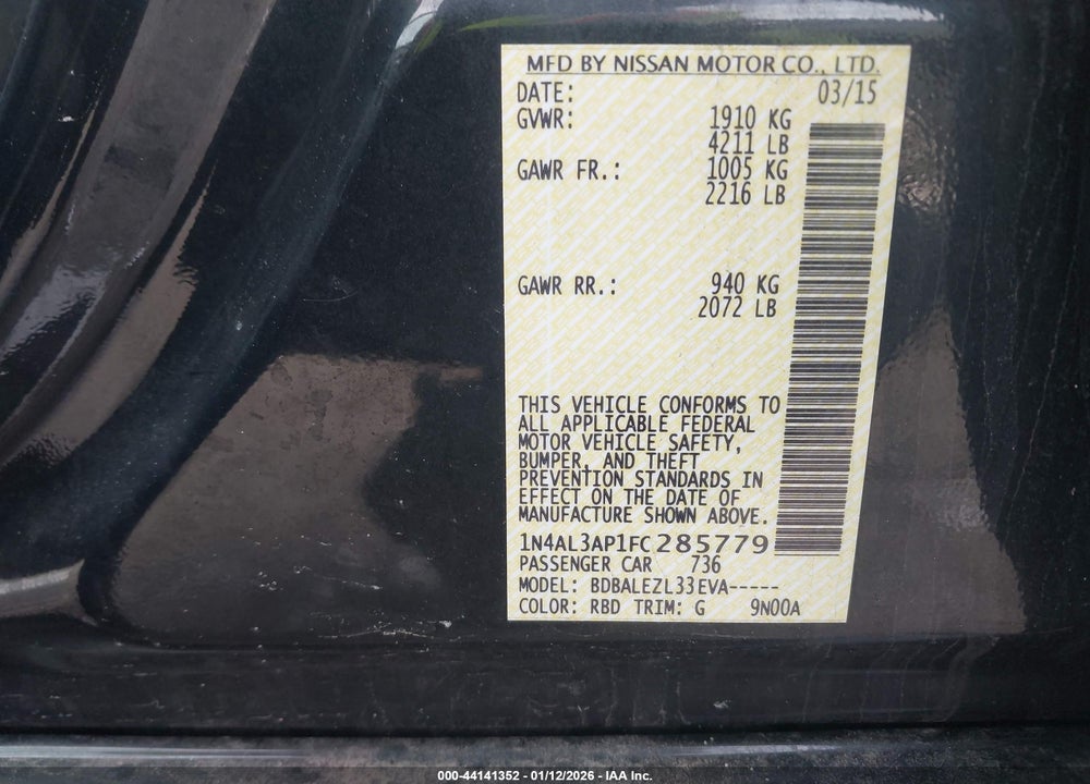 2015 NISSAN ALTIMA 2.5/2.5 S/2.5 SL/2.5 SV VIN: 1N4AL3AP1FC285779
