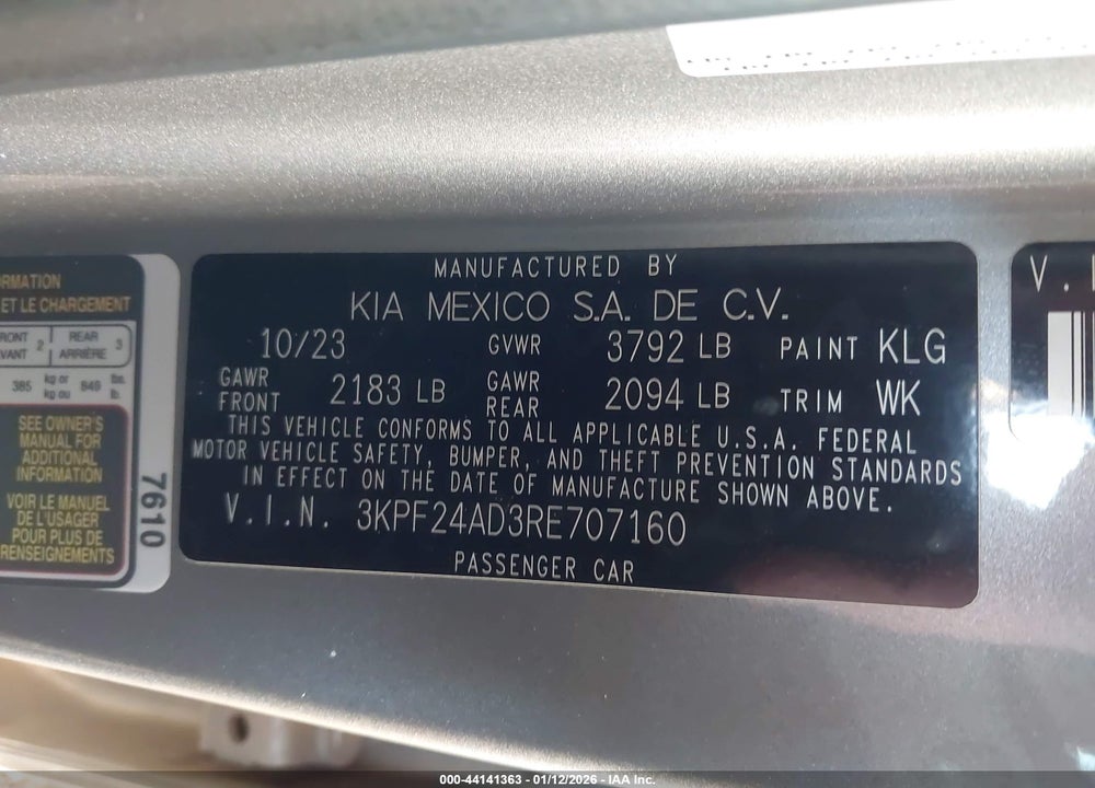 2024 KIA FORTE LXS VIN: 3KPF24AD3RE707160