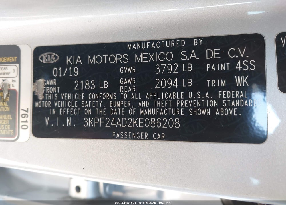 2019 KIA FORTE LXS VIN: 3KPF24AD2KE086208