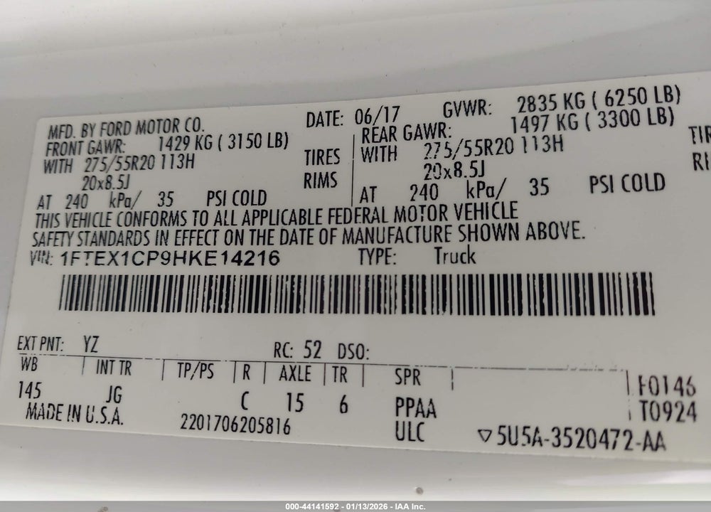 2017 FORD F-150 XL VIN: 1FTEX1CP9HKE14216