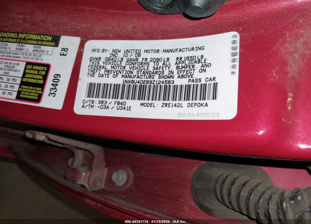 2009 TOYOTA COROLLA LE VIN: 1NXBU40E89Z124583