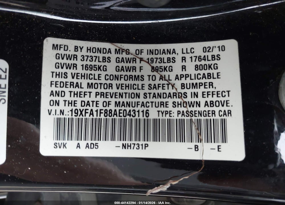 2010 HONDA CIVIC EX VIN: 19XFA1F88AE043116