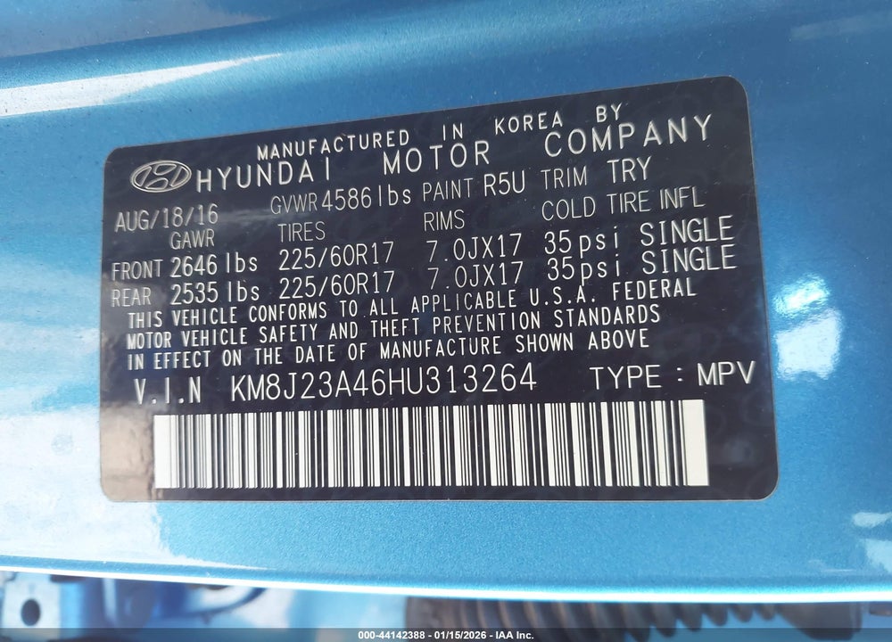 2017 HYUNDAI TUCSON SE VIN: KM8J23A46HU313264