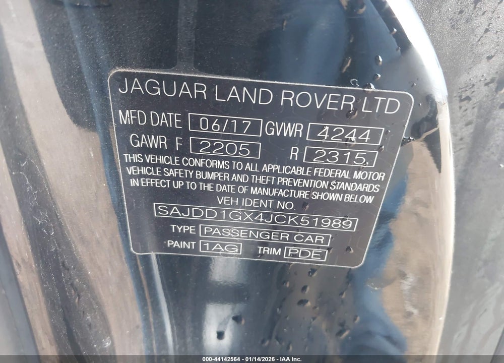 2018 JAGUAR F-TYPE 296HP VIN: SAJDD1GX4JCK51989