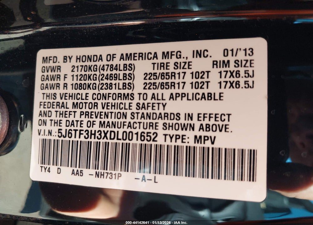 2013 HONDA CROSSTOUR EX VIN: 5J6TF3H3XDL001652