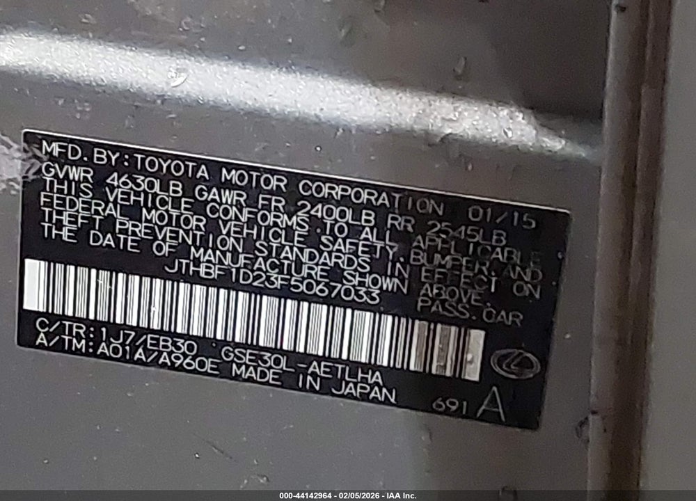 2015 LEXUS IS 250 VIN: JTHBF1D23F5067033