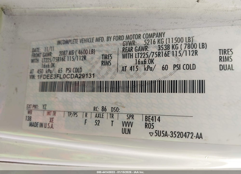 2012 FORD E-350 CUTAWAY VIN: 1FDEE3FL0CDA29131