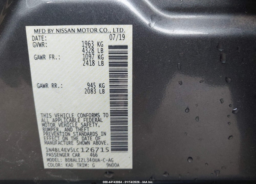 2020 NISSAN ALTIMA SL FWD VIN: 1N4BL4EV5LC126715