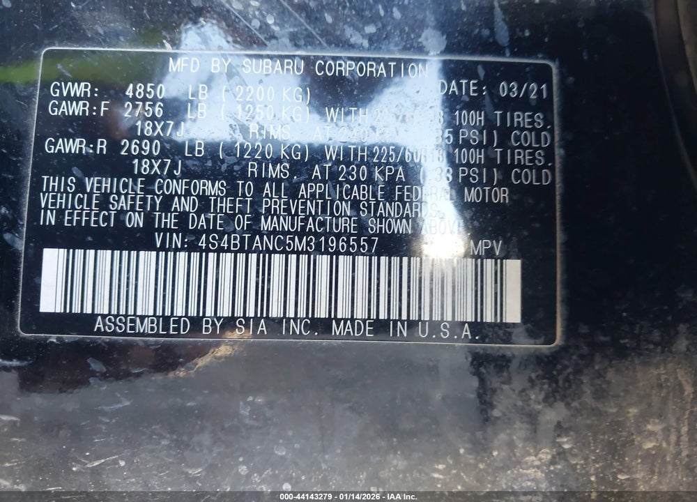 2021 SUBARU OUTBACK LIMITED VIN: 4S4BTANC5M3196557