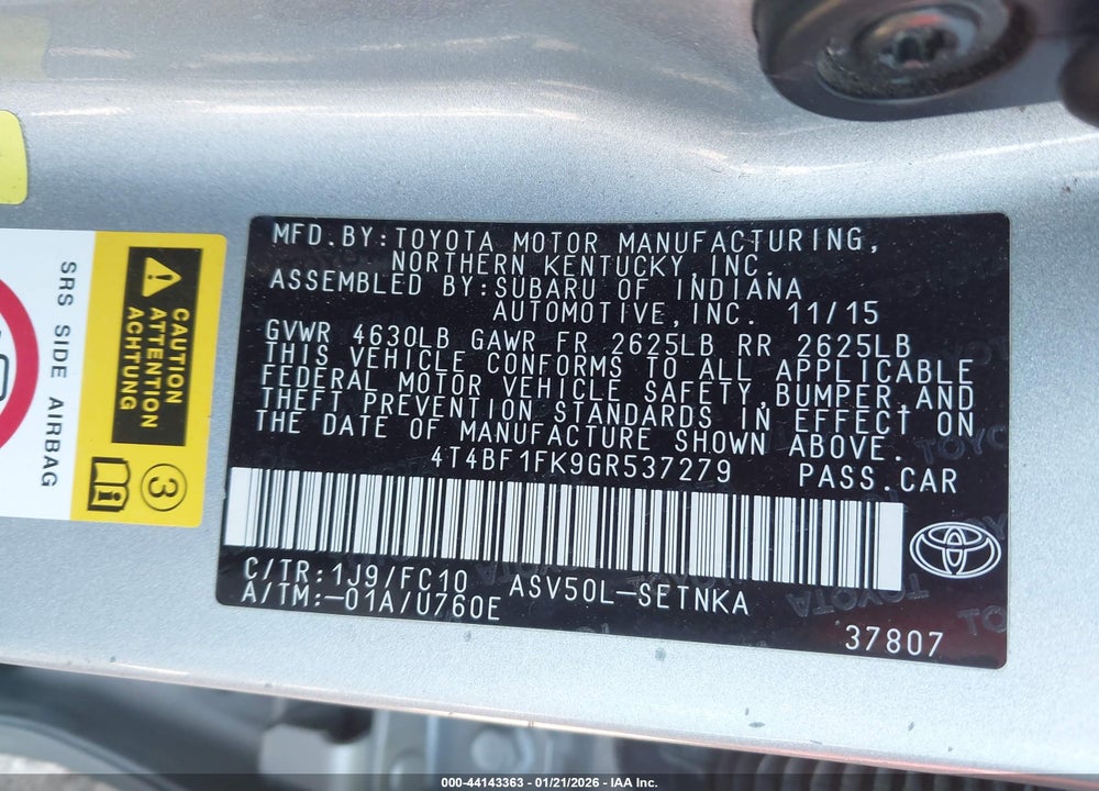 2016 TOYOTA CAMRY LE VIN: 4T4BF1FK9GR537279