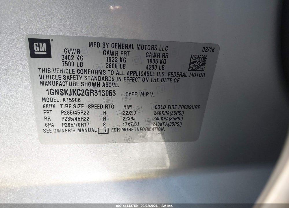 2016 CHEVROLET SUBURBAN LTZ VIN: 1GNSKJKC2GR313063
