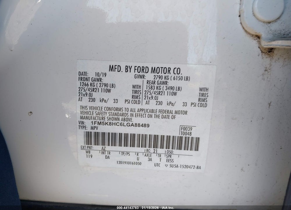 2020 FORD EXPLORER PLATINUM VIN: 1FM5K8HC6LGA88489
