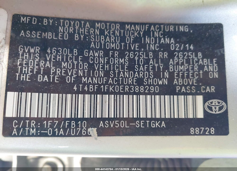 2014 TOYOTA CAMRY XLE VIN: 4T4BF1FK0ER388290
