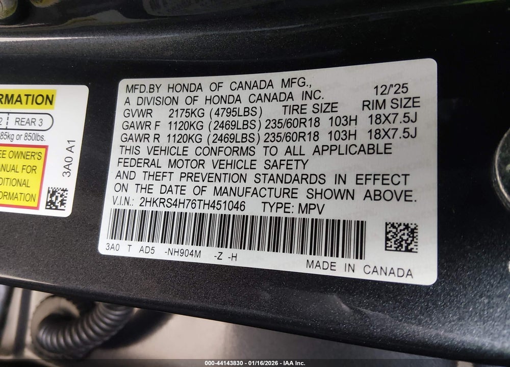 2026 HONDA CR-V EX-L AWD VIN: 2HKRS4H76TH451046