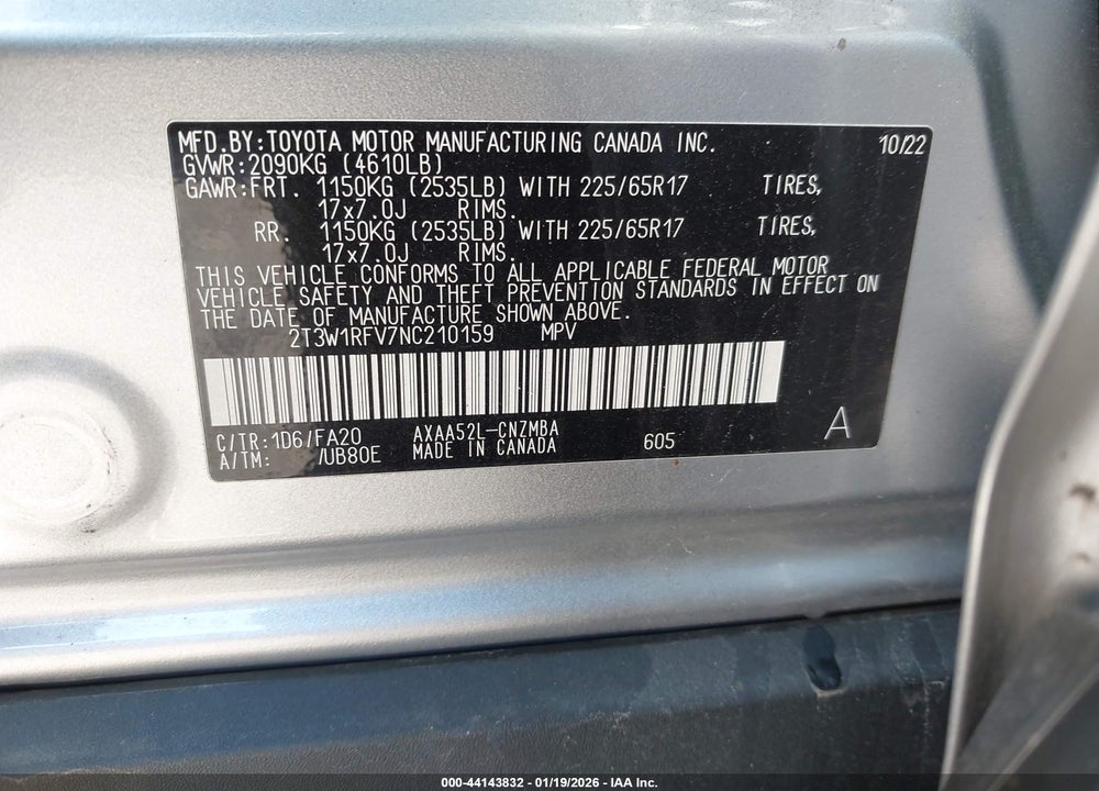 2022 TOYOTA RAV4 XLE VIN: 2T3W1RFV7NC210159