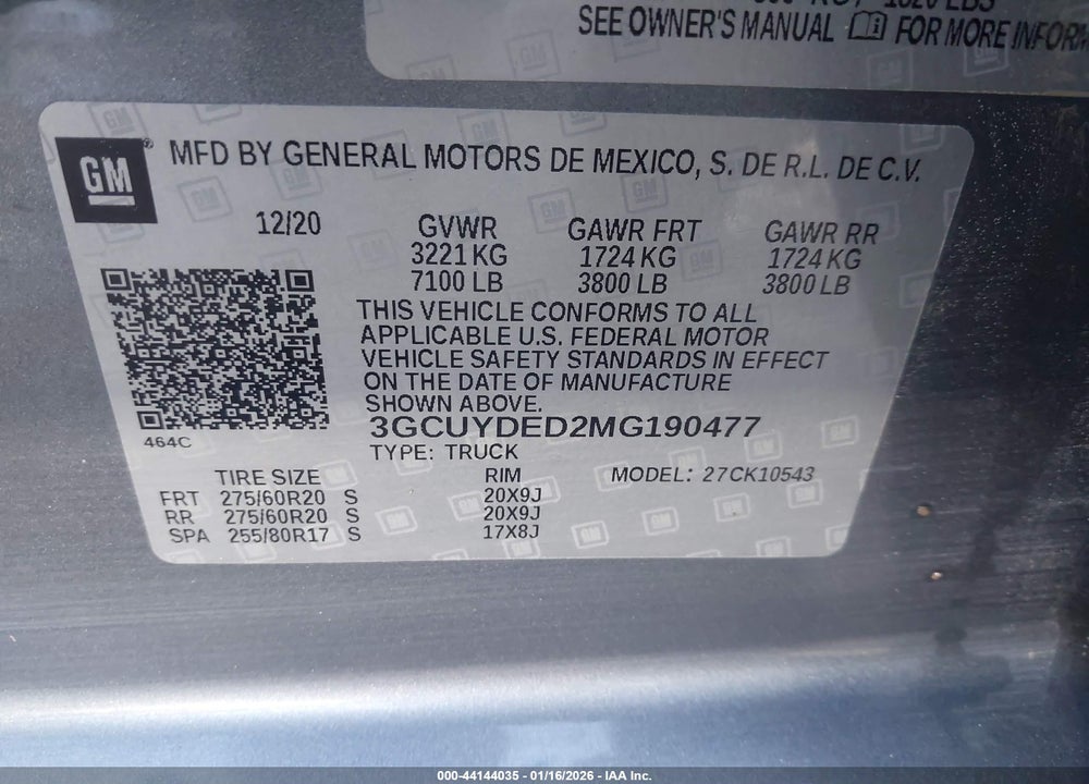 2021 CHEVROLET SILVERADO 1500 4WD  SHORT BED LT VIN: 3GCUYDED2MG190477