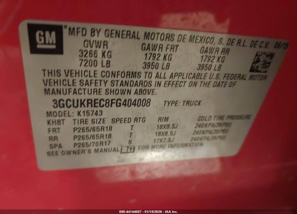 2015 CHEVROLET SILVERADO 1500 1LT VIN: 3GCUKREC8FG404008