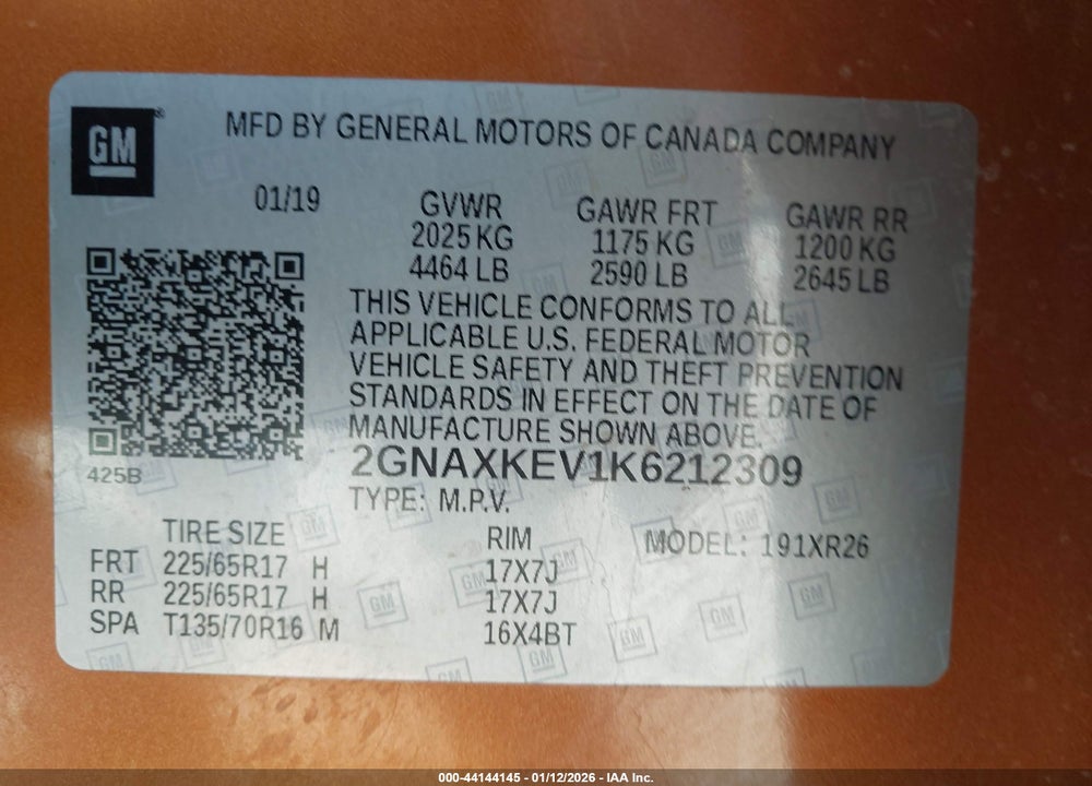 2019 CHEVROLET EQUINOX LT VIN: 2GNAXKEV1K6212309