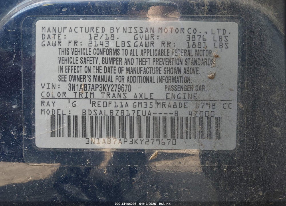 2019 NISSAN SENTRA S VIN: 3N1AB7AP3KY279670