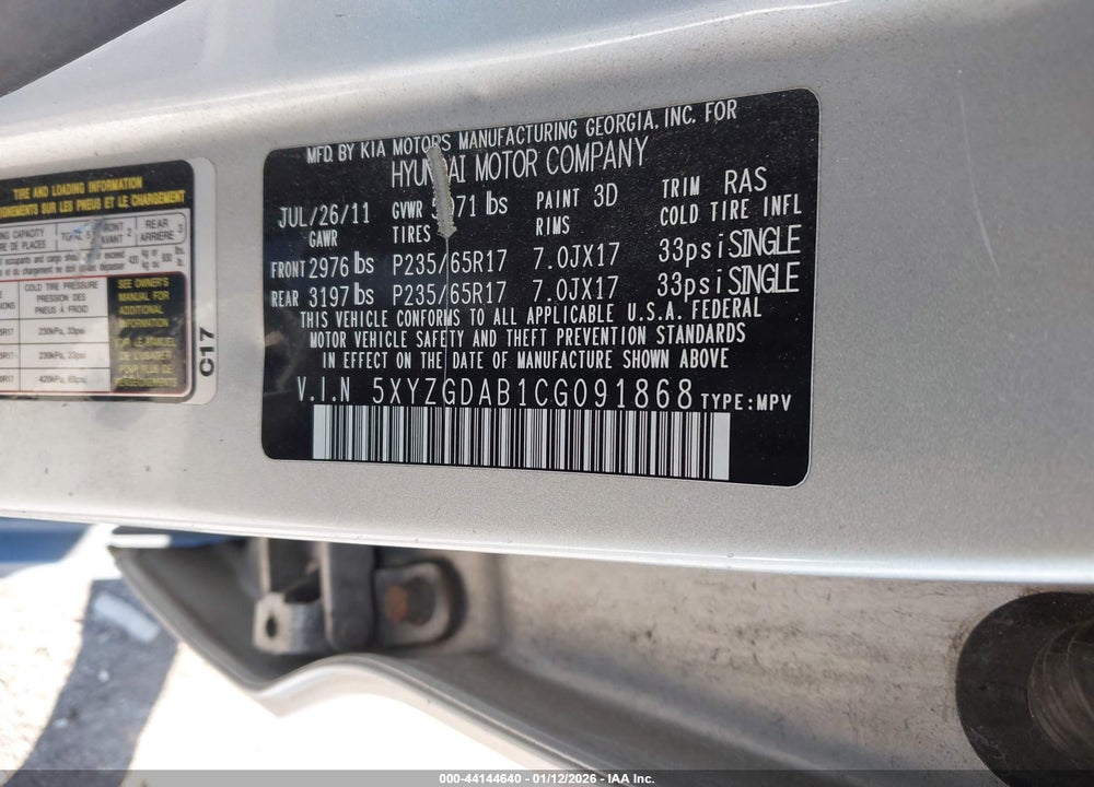 2012 HYUNDAI SANTA FE GLS VIN: 5XYZGDAB1CG091868