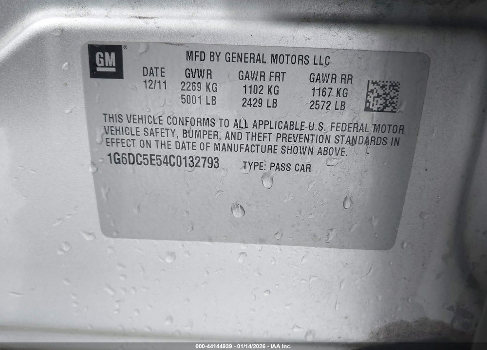 2012 CADILLAC CTS STANDARD VIN: 1G6DC5E54C0132793