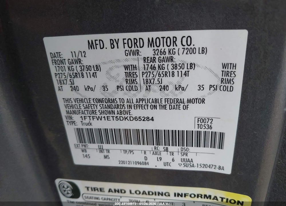 2013 FORD F-150 XLT VIN: 1FTFW1ET5DKD65284