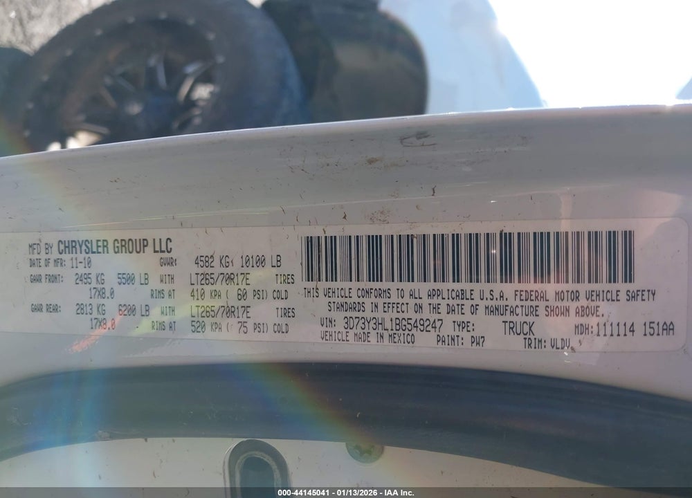 2011 RAM 3500 LAIE VIN: 3D73Y3HL1BG549247
