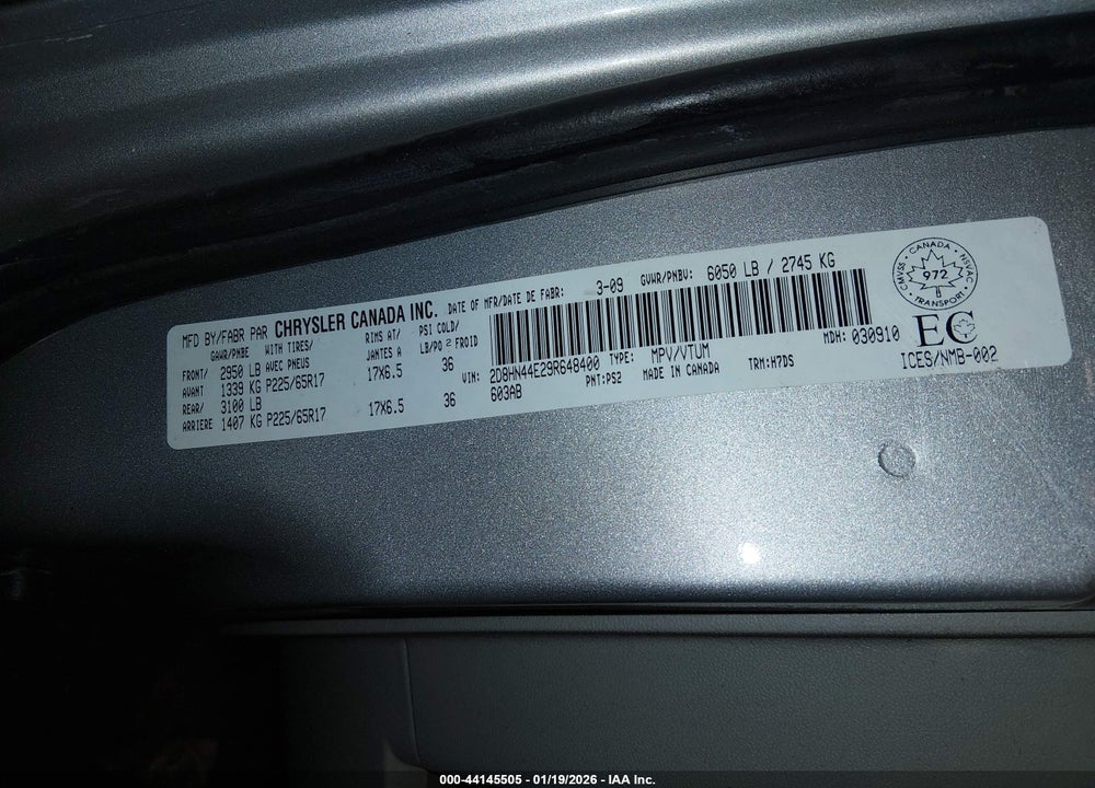2009 DODGE GRAND CARAVAN SE VIN: 2D8HN44E29R648400