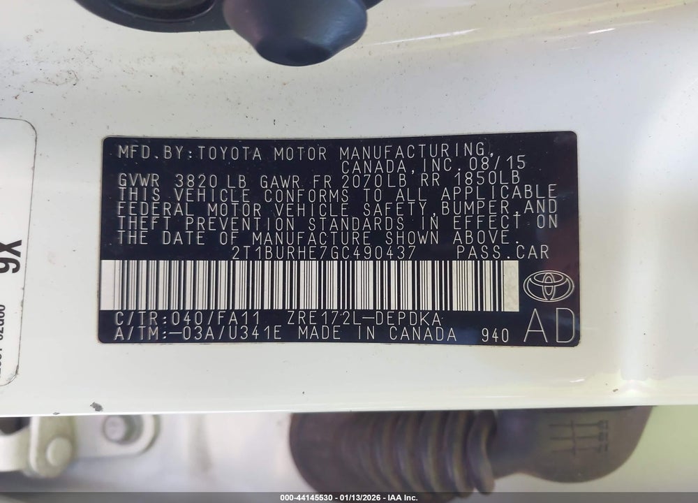 2016 TOYOTA COROLLA L VIN: 2T1BURHE7GC490437