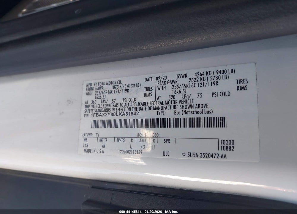 2020 FORD TRANSIT-350 PASSENGER VAN XL VIN: 1FBAX2Y80LKA51842