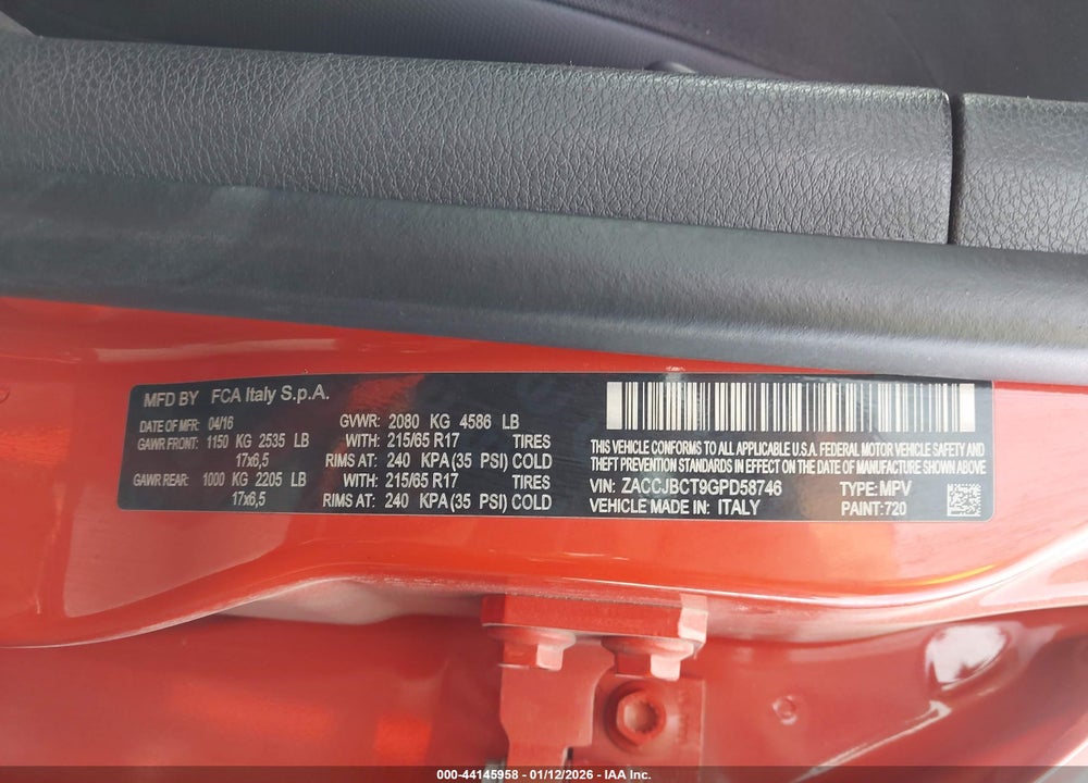 2016 JEEP RENEGADE VIN: ZACCJBCT9GPD58746