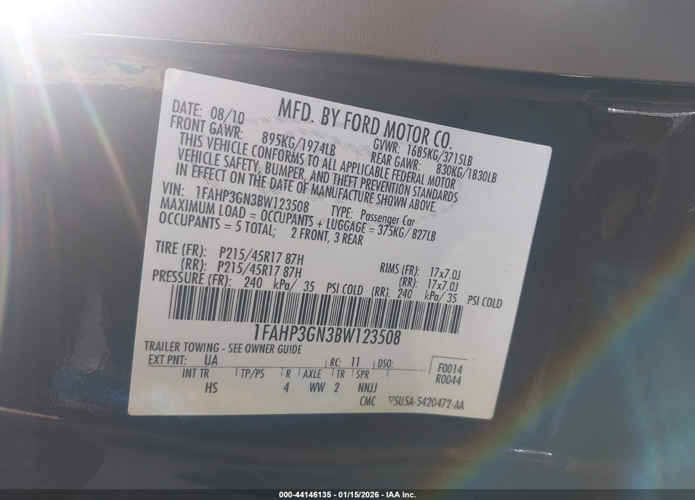 2011 FORD FOCUS SES VIN: 1FAHP3GN3BW123508