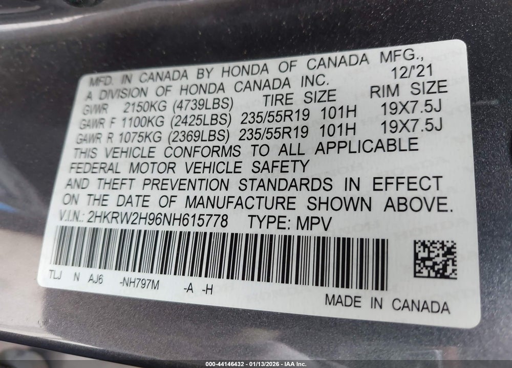 2022 HONDA CR-V AWD TOURING VIN: 2HKRW2H96NH615778